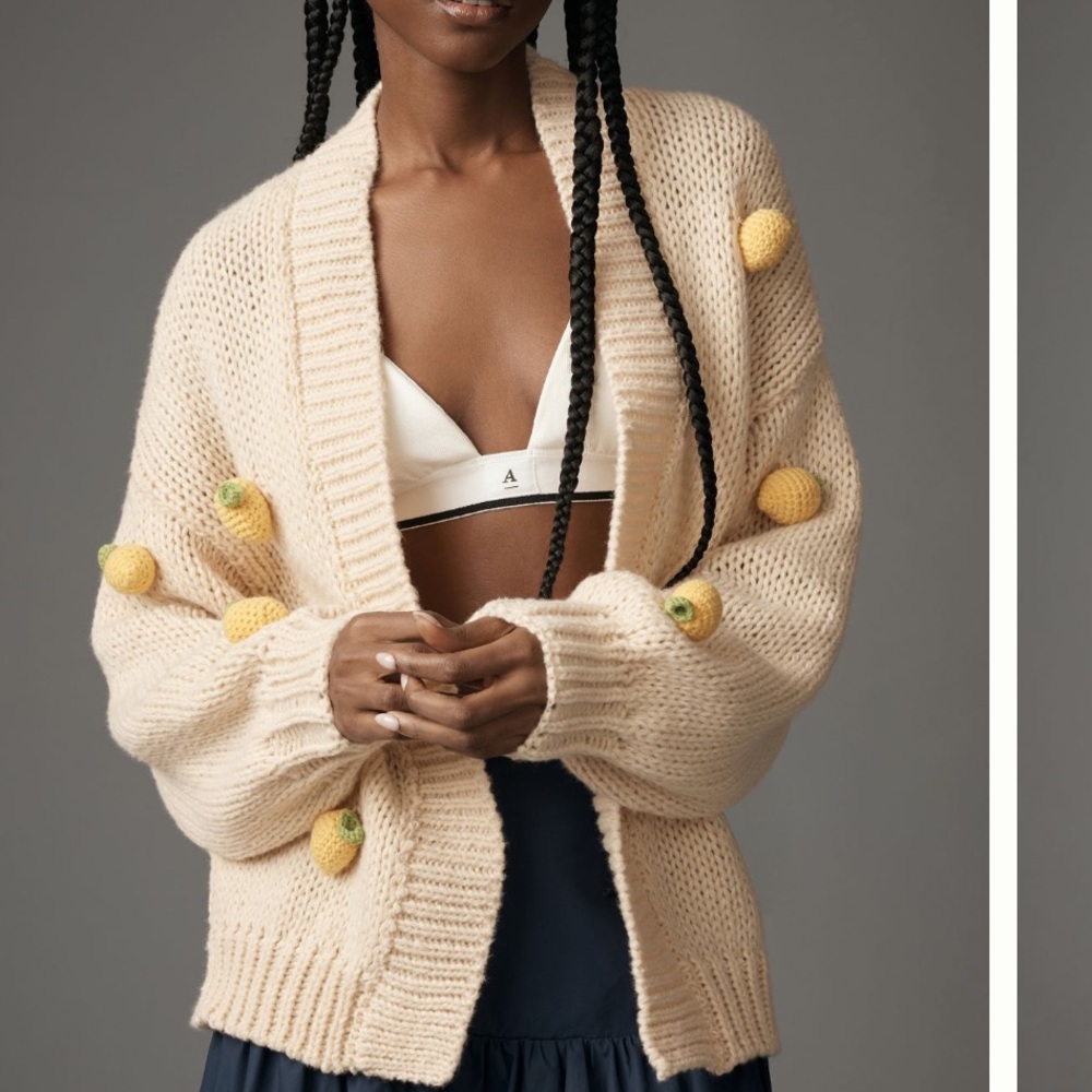 Anthropologie Tan Cardigan with Yellow Pineapple Accents